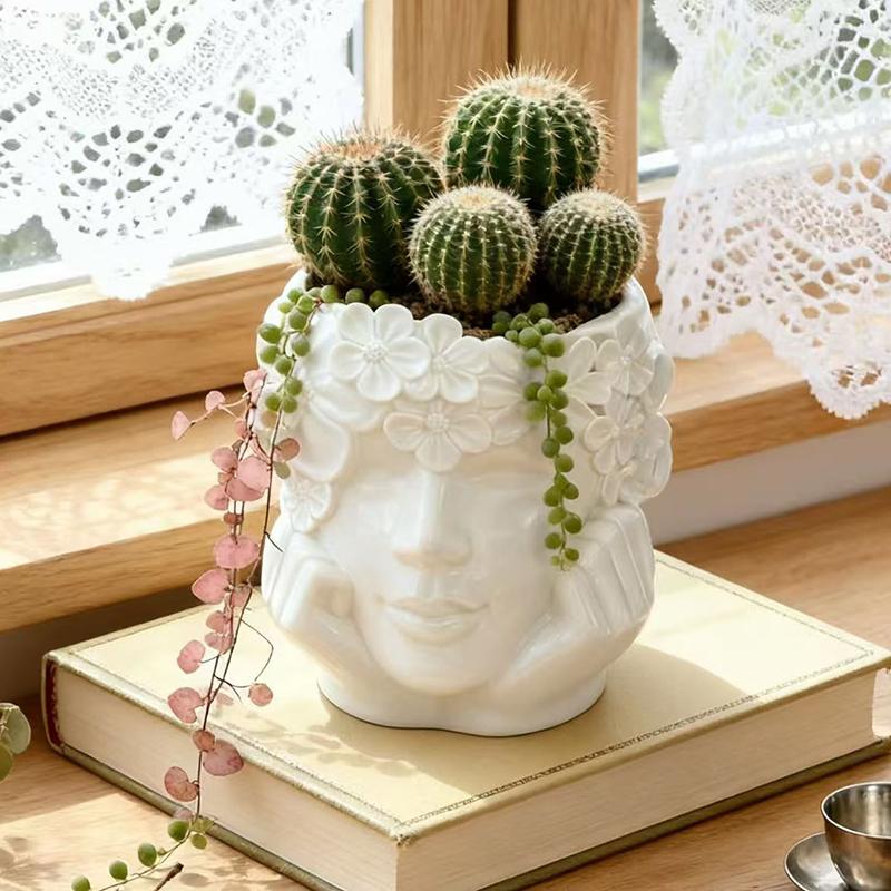 Beautiful Flower Holding Face Girl Flowerpot Green Plants Flower Pot Home Courtyard Garden Decoration Resin Handicrafts Ornament