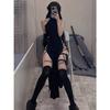 Goth Gothic Dress Cosplay High Split Sexy Bandage Women Dress Halter Slim Midi Dark Black Grunge Partywear