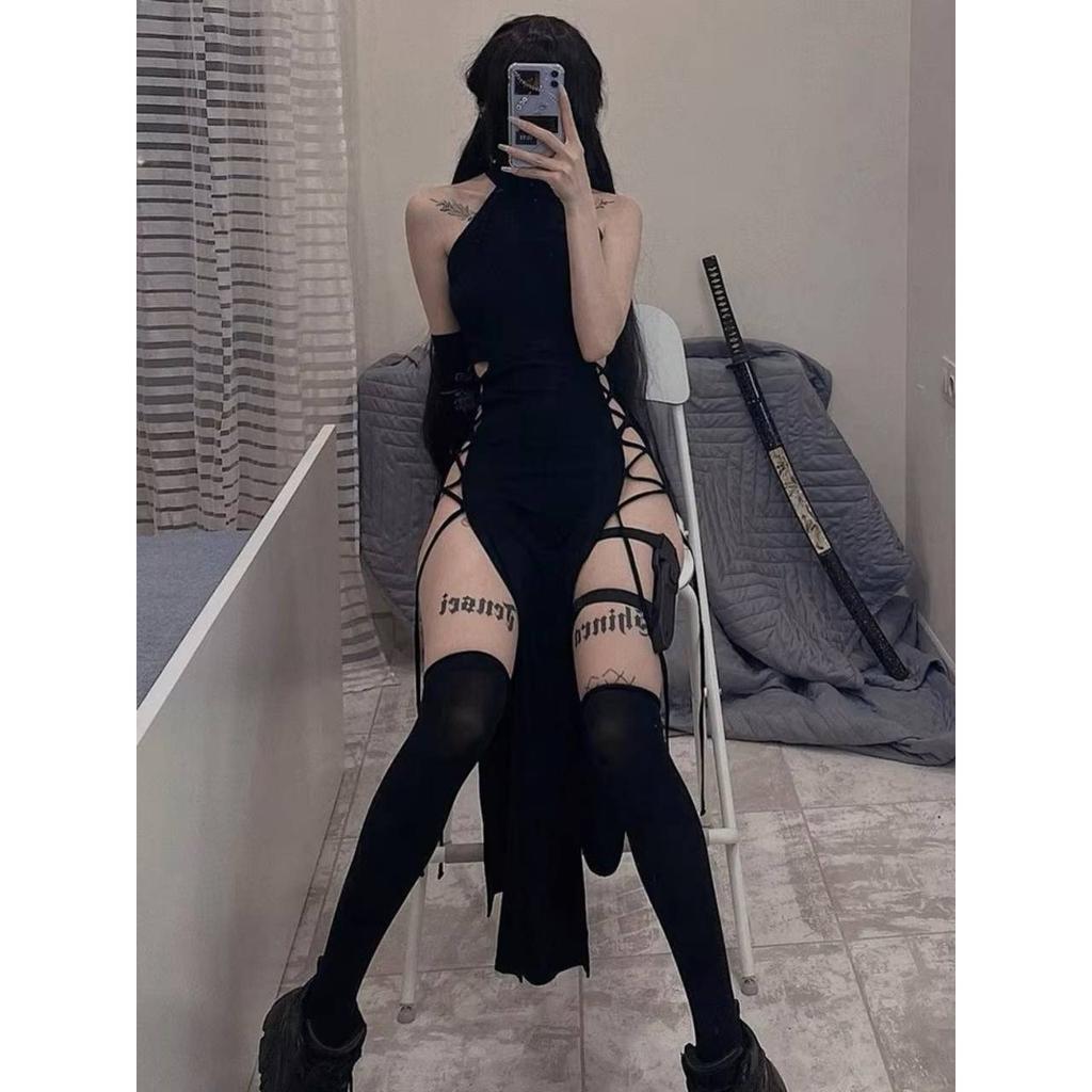 Goth Gothic Dress Cosplay High Split Sexy Bandage Women Dress Halter Slim Midi Dark Black Grunge Partywear