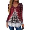Women's Fashion Casual Christmas Tree Print V-Neck Decorative Button Long Sleeve T-Shirt Top