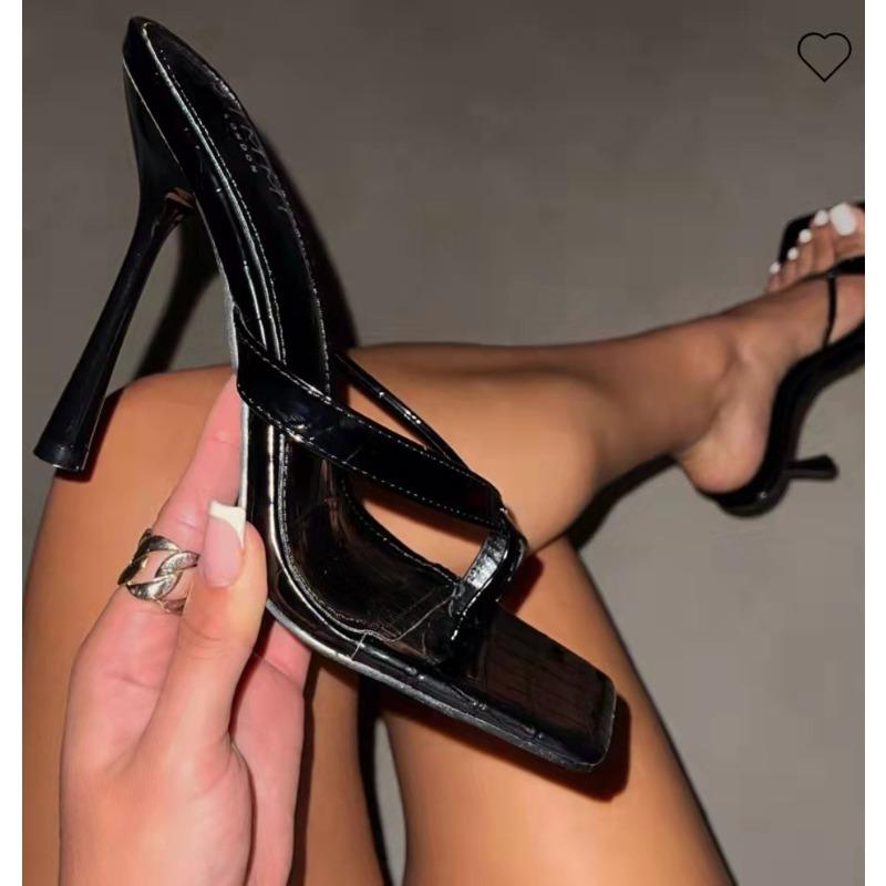 22 Summer New Stiletto Set Toe High Heel Sandals Women's Large Size Square Head Snake Pattern Herringbone Stiletto Cool Slippers