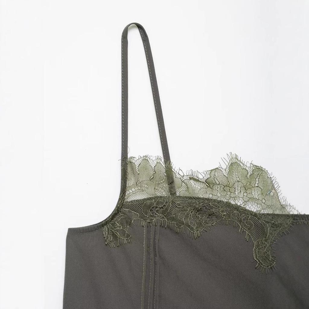 2025 Spring Women's Stylish Grey Lace Trim Spaghetti Strap Top