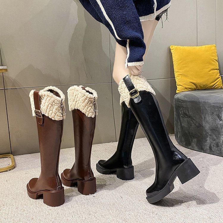 Women's Fleece-Lined Over-the-Knee Cotton Boots with Chunky High Heels and Furry Slimming High-Shaft Design