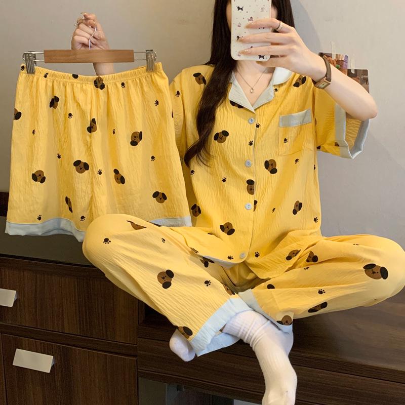 Leopard Print Love Heart Short Sleeve Pajama Set: Women's Summer Cloud Cotton Three-Piece Loungewear