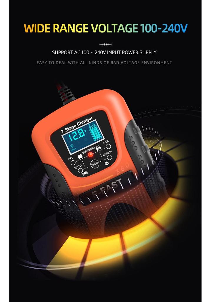 E-FAST 12V 7-Stage Charger for Car and Motorcycle Batteries with Current, Voltage, and Battery Level Display.