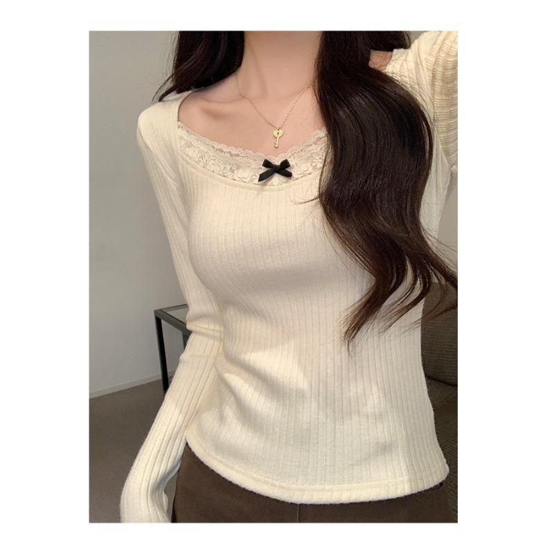 Bow lace splicing bottoming shirt women's spring collar pure desire long-sleeved shirt age-reducing top