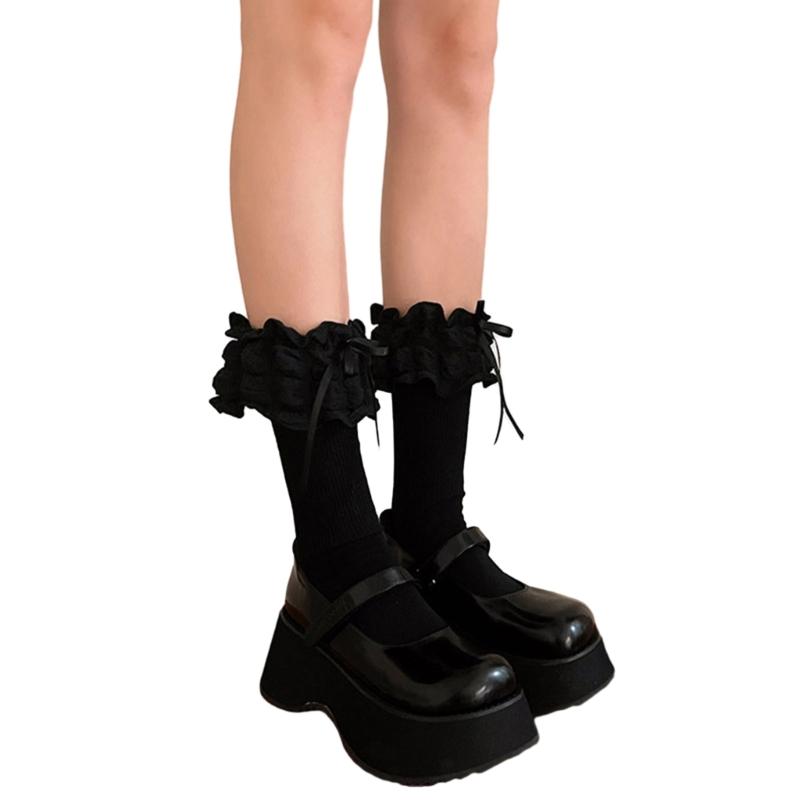 1 Pair Princess Style Dress Socks for Girls Sweet Frilly Socks Ballet Socks Ruffle Ankle Socks with Bows Lace Top Sock