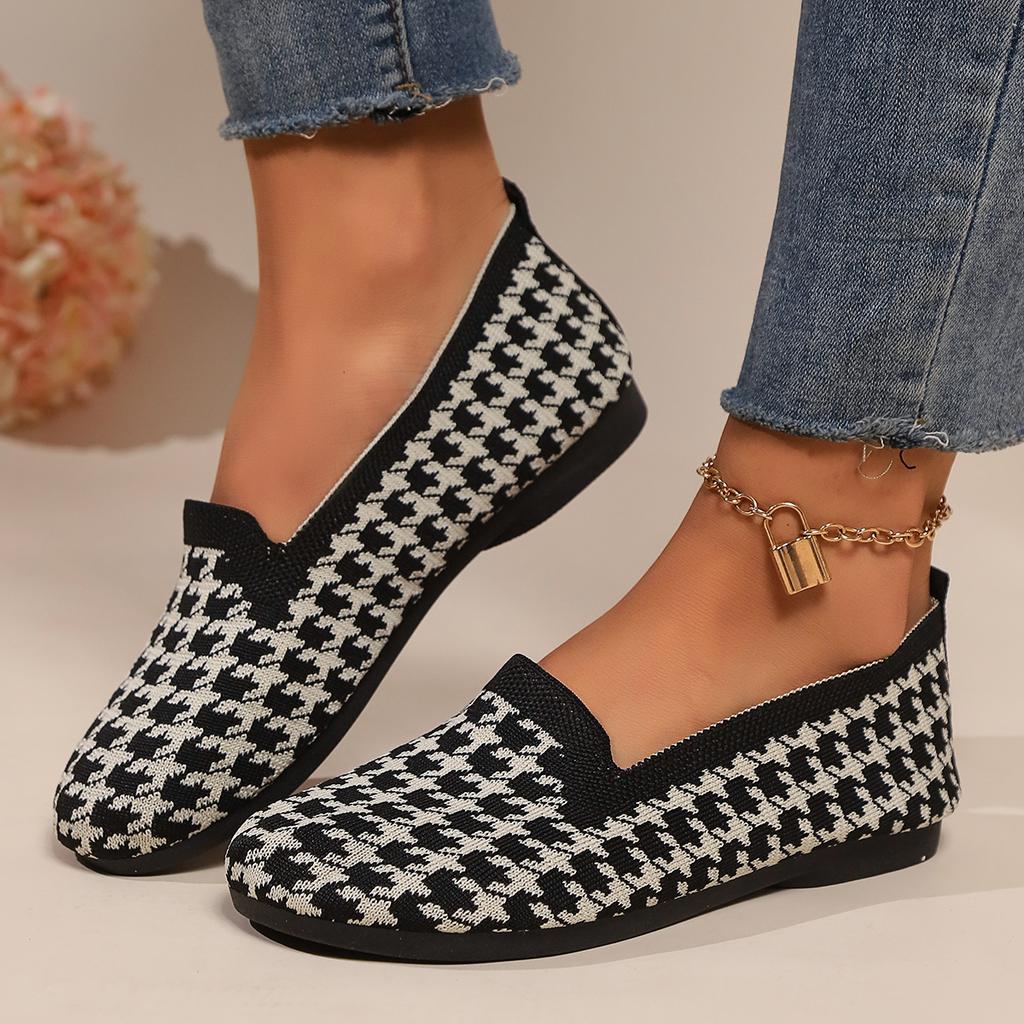 Women Flats 2024 New Round Toe Flat Shoes for Women Plus Size Shallow Sneakers Women Knitting Plaid Print Walking Loafers Shoes