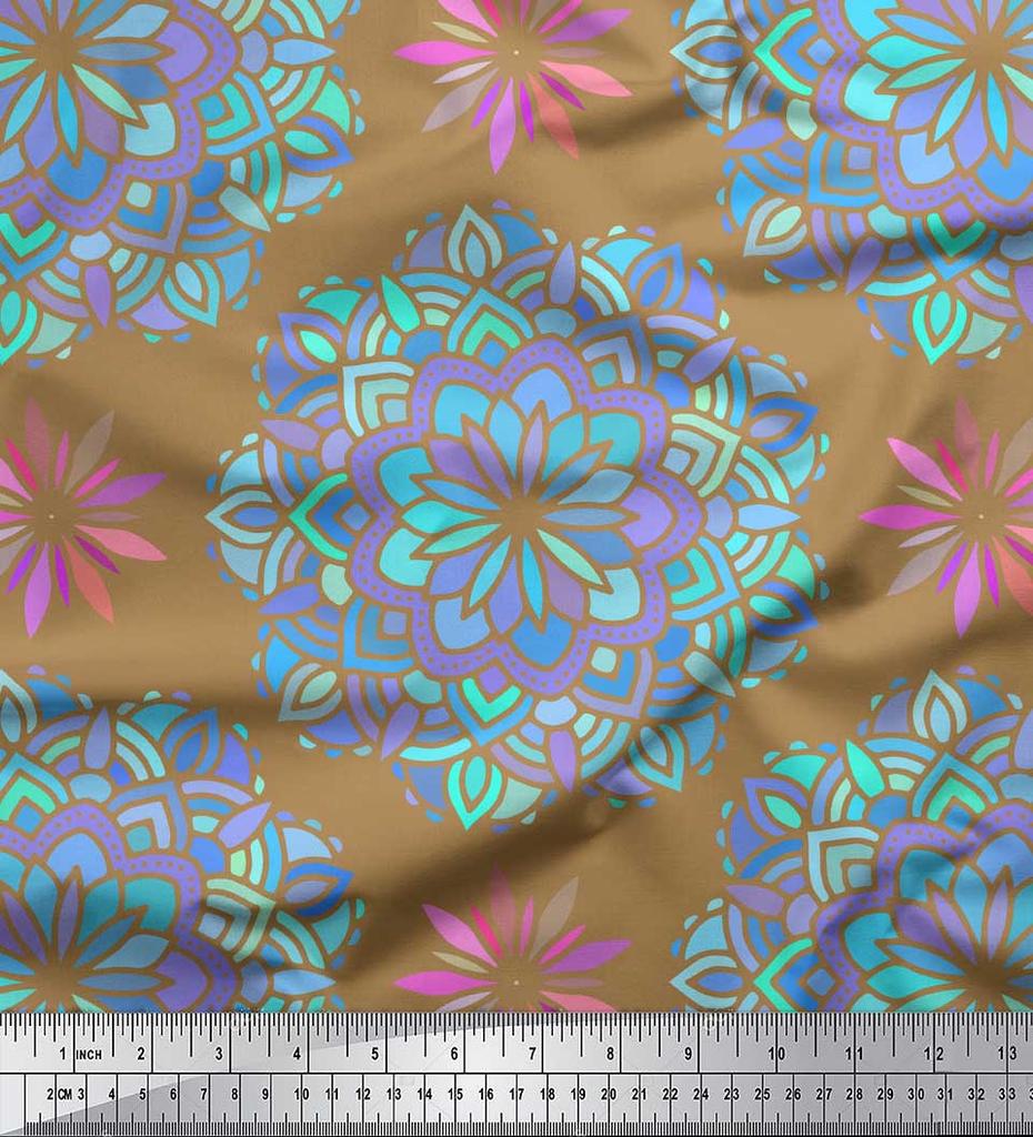 Soimoi Red Japan Crepe Satin Fabric Blue Mandala Printed Fabric 1 metre 42 Inch