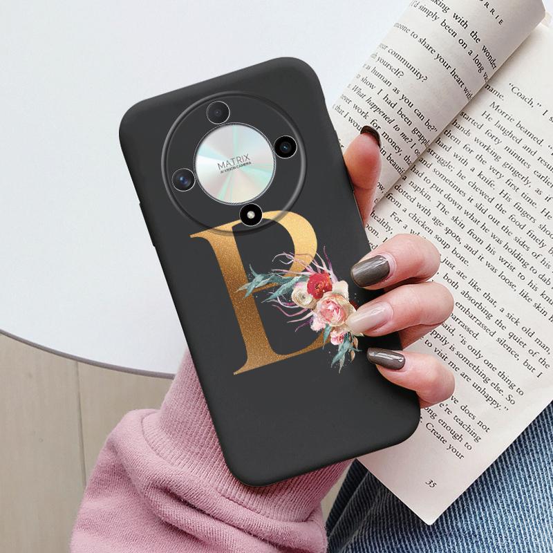 Buchstaben-Handyhülle für Honor X9b X9a Magic5 Lite Magic6 Lite 5G Hülle Retro-Blumen Rosa Schwarz Weiches TPU Initialen Silikon Fundas