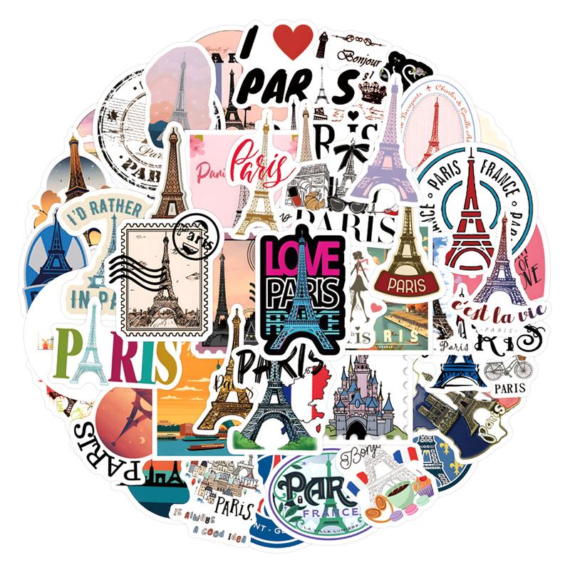 55Pcs France Paris Landscape Stickers Eiffel Tower Decals Diy Motorcycle Luggage Guitar Cartoon Cool Graffiti Decal Sticker