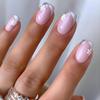 Pink Snow Dream Nail Art Tips: Simple, Translucent, Nude Pink with Silver Glitter French Wearable Short False Fingernails
