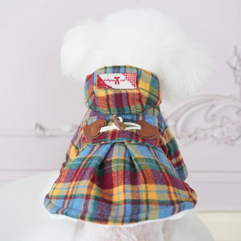 Pet Dog Winter Outfit Set Rainbow Plaid Skirt Two-Legged Coat Small Medium Breeds