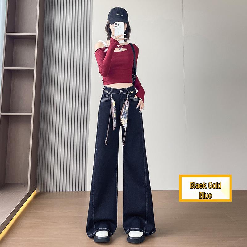 

Women s High-Waisted Denim Blue Wide-Leg Jeans, Elastic Loose Straight-Leg, Floor-Length, Autumn Winter 2025 Style. Extra Small