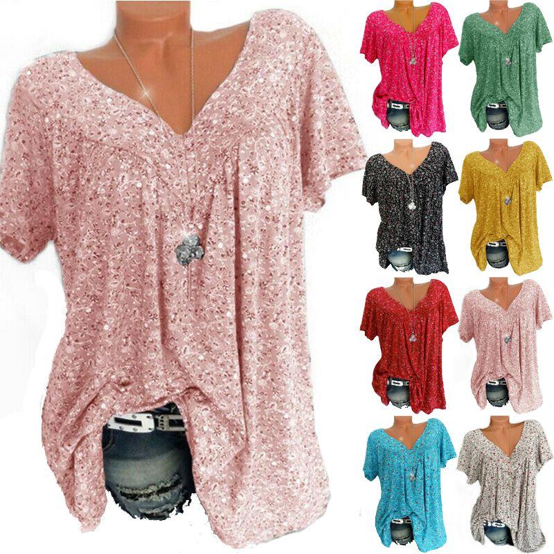 Women V Neck Floral Tee Tshirts Short Sleeve Blouse Summer Tunic Tops Plus Size