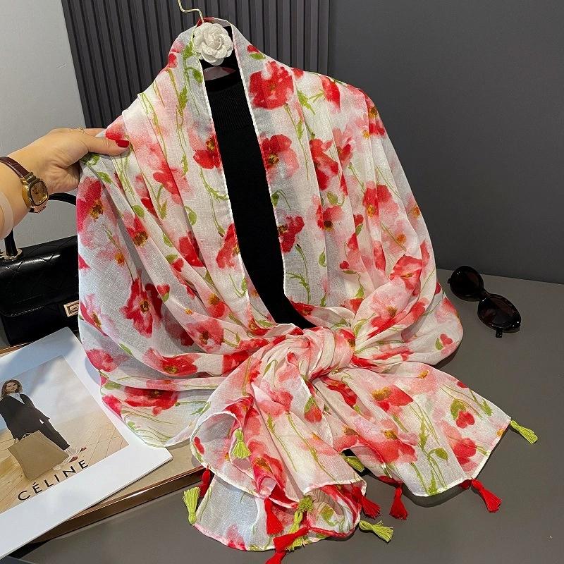 31 Designs Autumn Vintage Floral Tassel Viscose Shawl Scarf Lady High Quality Wrap Pashmina Stole Bufandas Muslim Hijab 180*90Cm