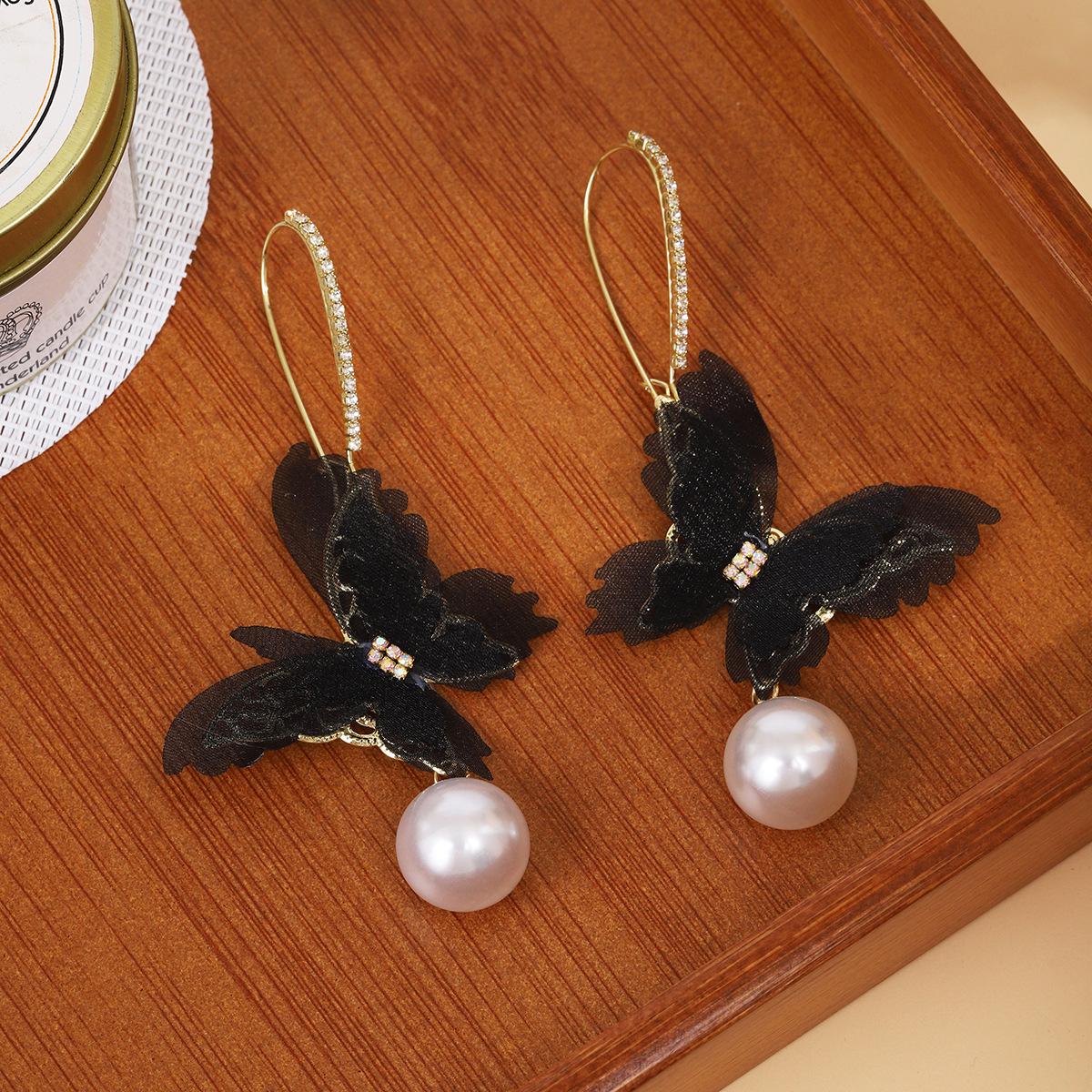 Fairy Forest Style Rhinestone Pearl Butterfly Earrings - Simple, Versatile Mesh Design for Women чёрный