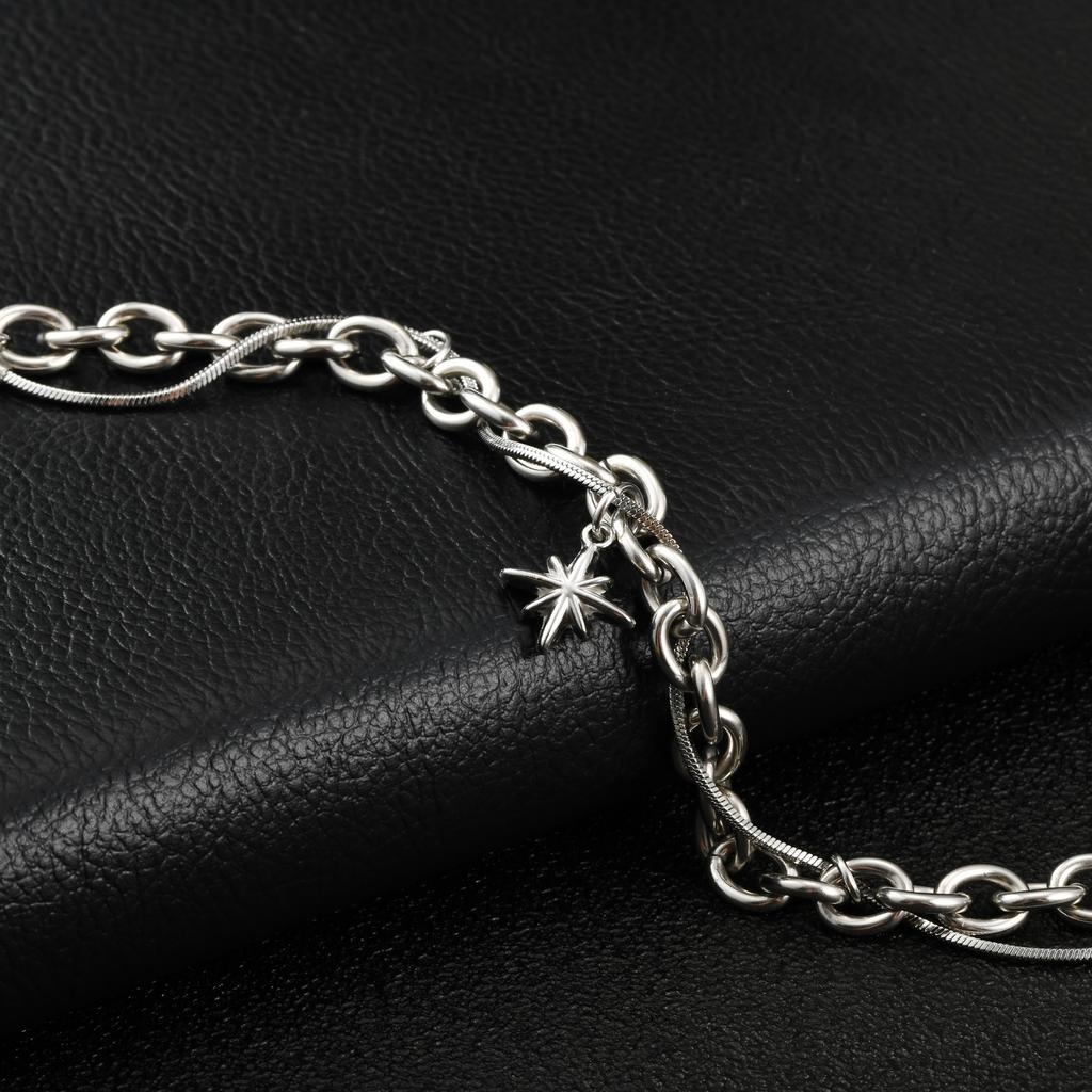 Hiphop Four-point Star Chain Bracelet for Men,Two Layers Stainless Steel Adjustable Chain Link Wristband Gift