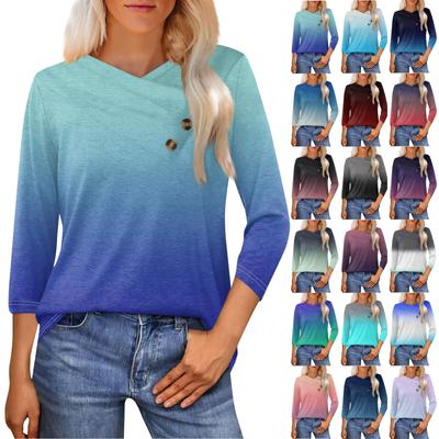 Women's Fashion Casual Gradient Printed Seven-point Sleeve V-neck Button-down T-shirt