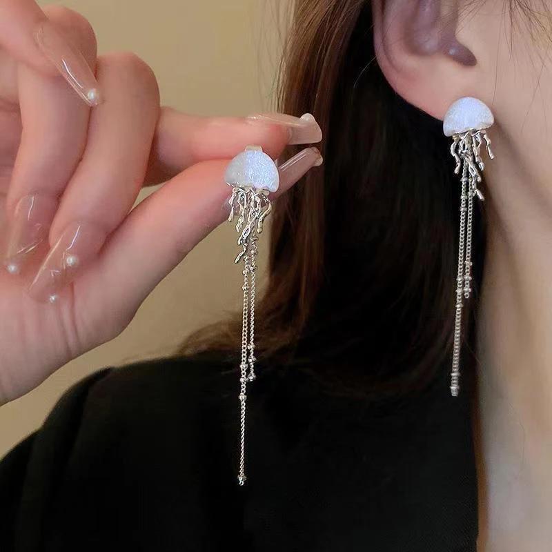 Korean Cute Jellyfish Long Tassel Earrings For Women Y2K Zircon Crystal Long Drop Earring Kawaii Rain Cloud Dangle Earrings Gift