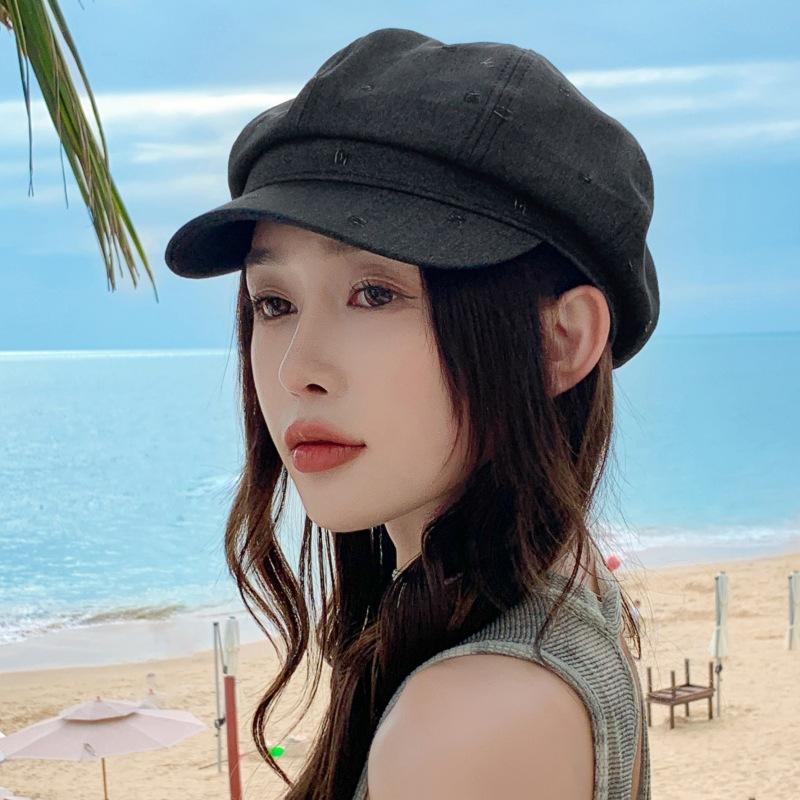 Hat Female High-End Sense Hole Solid Color Versatile Octagonal Hat Literary Retro Casual Newsboy Hat