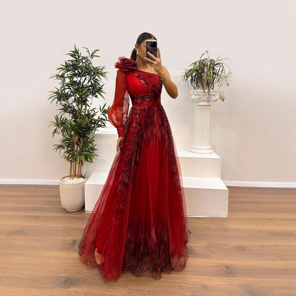 Abito Maxi da Donna a Spalla Singola Manica Lunga Linea ad A Vita Media Elegante Abito da Sera in Tulle