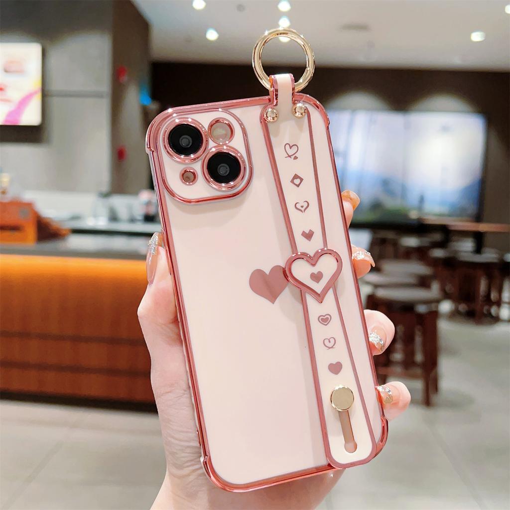 For iPhone 13 Case Love Heart Pattern TPU Phone Cover Wristband Finger Holder