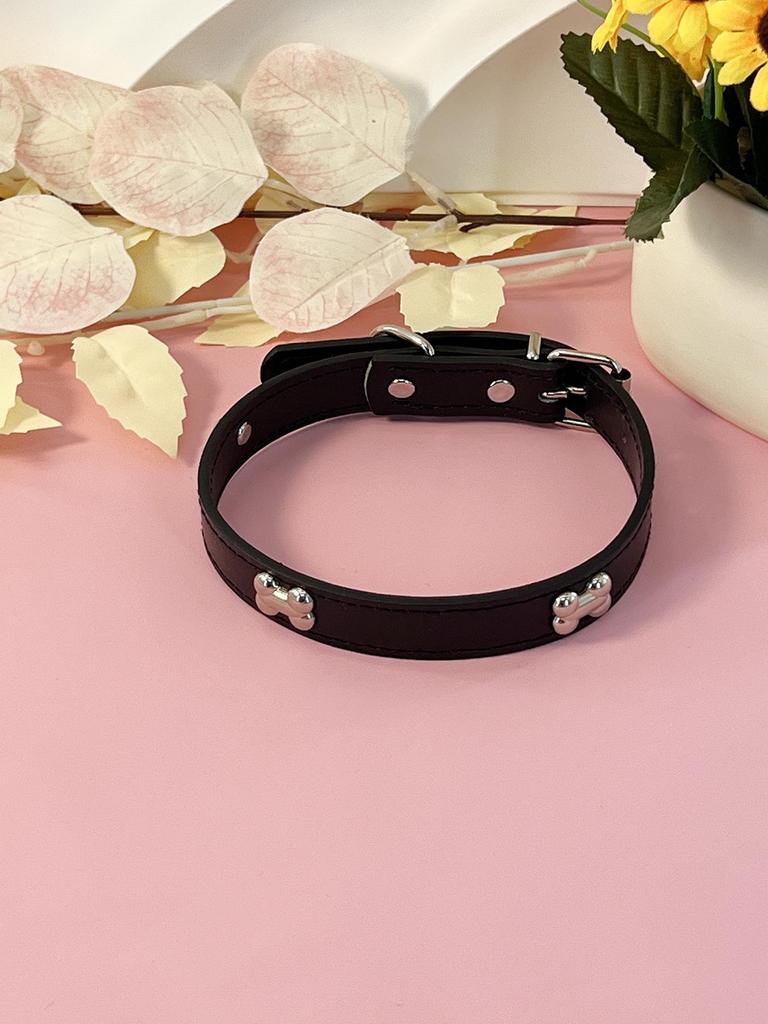 PU Leer Honden Halsband met Roestvrij Staal Bot Accent voor Kleine en Middelgrote Honden - Leash Compatibel
