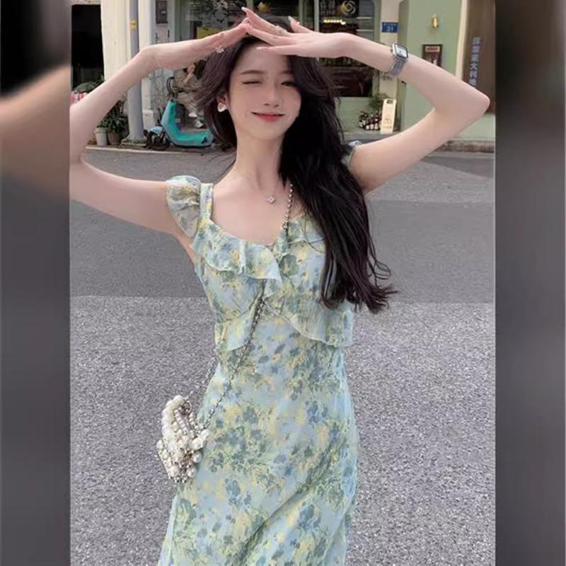 French Floral Sling Dress Children's Summer 2 Beautiful Super Good-looking Seaside Holiday Beach Long Dress