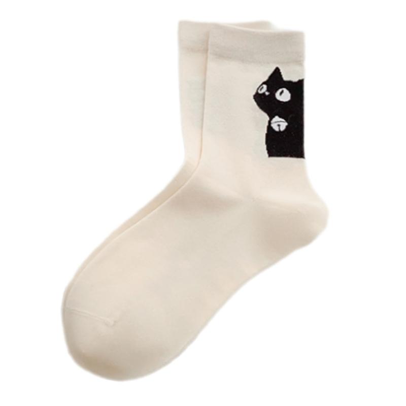 Fashionable Middle Calf Socks with Cartoon Cats Print in Soft Cotton Color Block Student Crew Socks Hosiery for Women