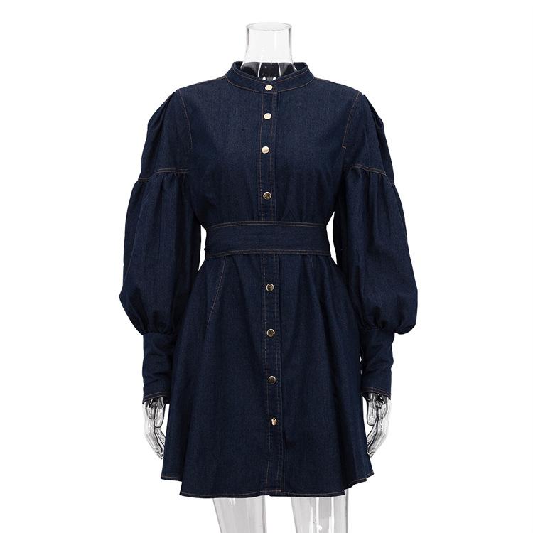 

women s Solid Color Half High Neck Puff Long Sleeve Belted A Line Denim Shirt Mini Dress S синий