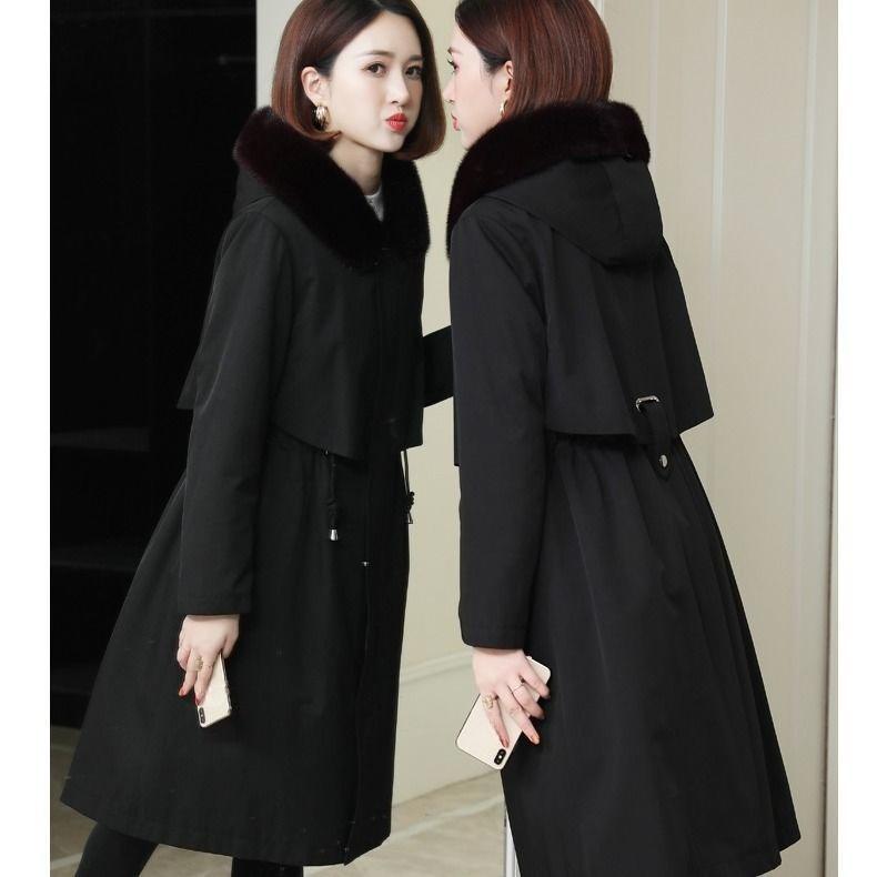 Winter Verdickter Abnehmbarer Faux Nerzkragen Kaninchenfellfutter Mittellanger Parka Mantel Damen