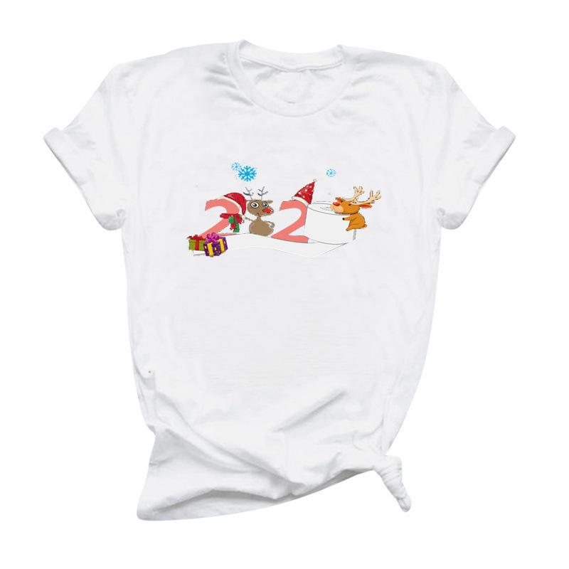 

Spring Summer 2020 Christmas Reindeer Print Short Sleeve T-Shirt 2X Large білий