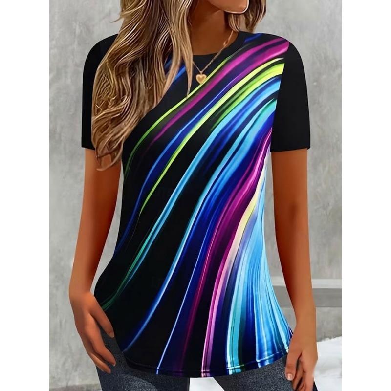 Women s T Shirt Print Graphic Striped Vintage Stylish Classic Short Sleeve Crew Neck Regular Tops Summer Spring S