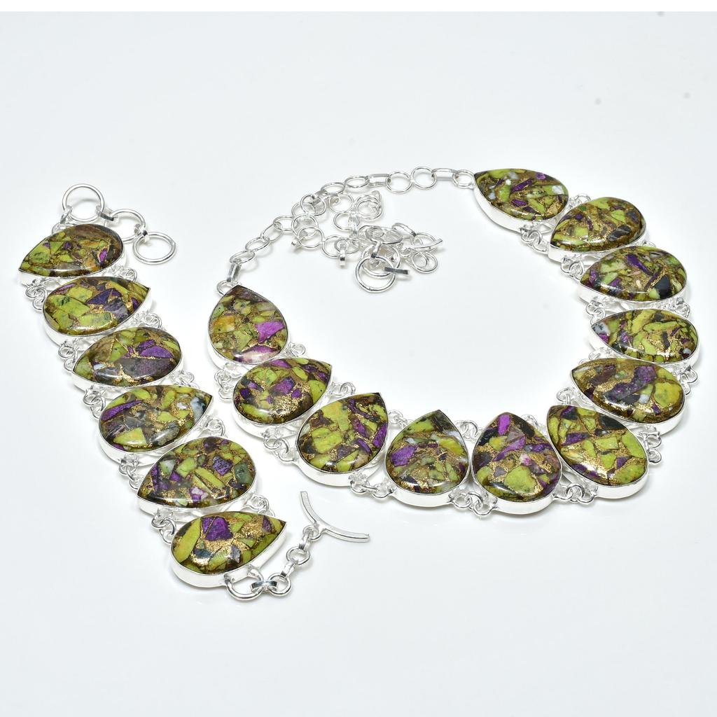 Naturkupfer Stichtit Edelstein Handgefertigt 925 Sterling Silber Schmuck Kupfer Stichtit Halskette Armband Set, Antikes Schmuckset, Geburtstagsgeschenke