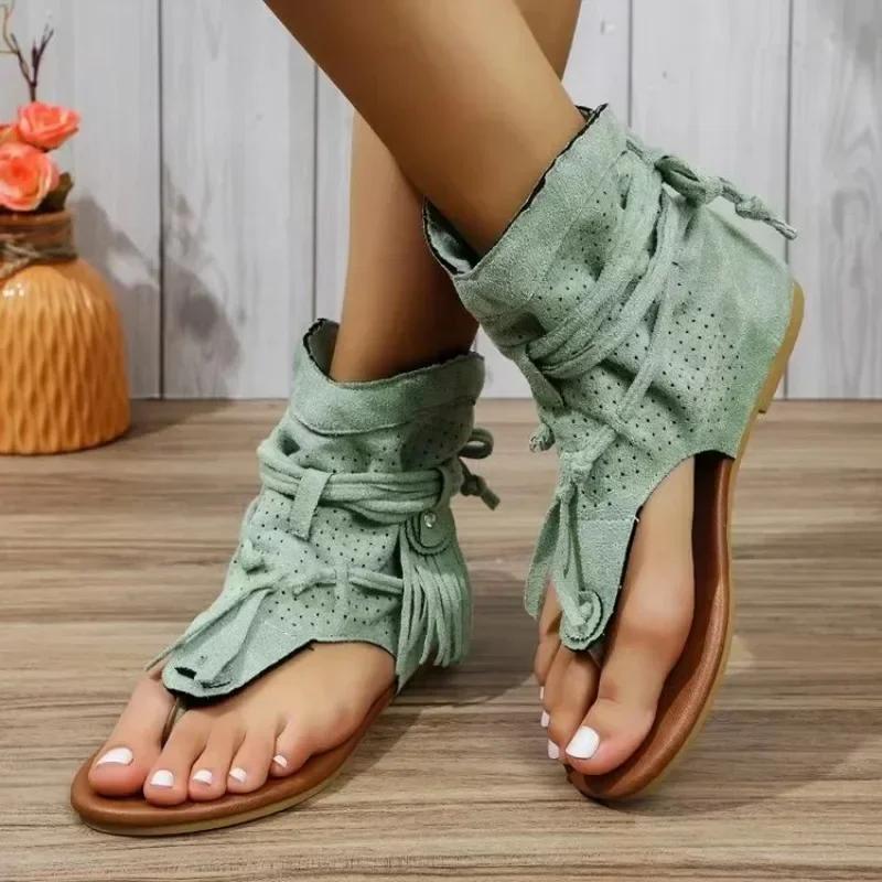 Fashion Women Sandals 2025 New Summer Bohemia Flat Sandals Women Flip Flops Gladiator Vintage Shoes for Woman Fashion Beach Flat Sandals