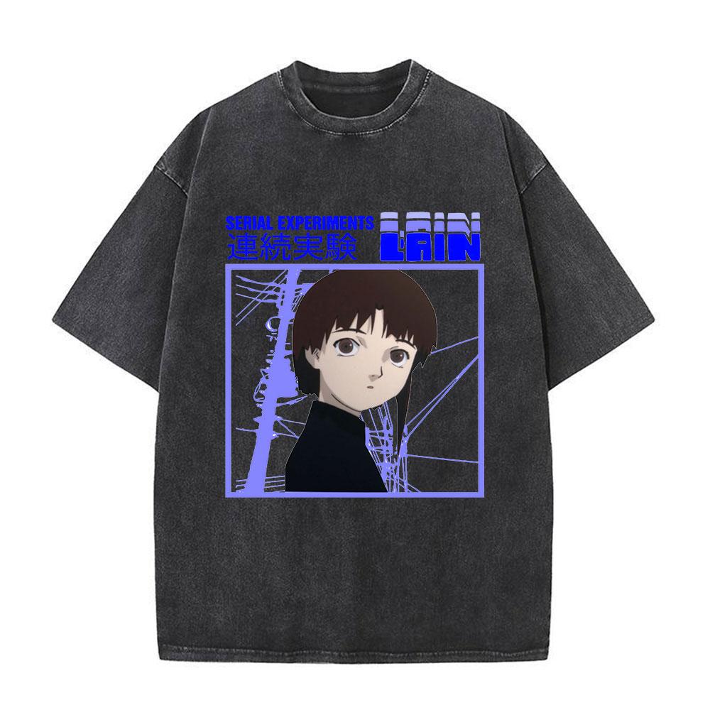 Japanese Anime Serial Experiments Lain Vintage Washed T Shirt Manga Iwakura Girl Sci Fi T-shirts Men 100% Cotton Casual T Shirt
