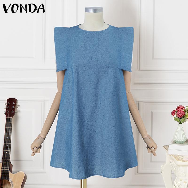 

VONDA Summer Women Irregular Sleeveless Faux Demin Blue Casual Tunic Ruffled Dress S