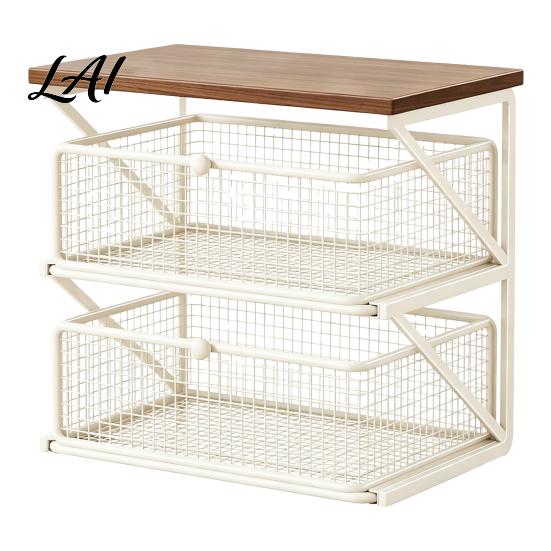 Office Desk Organizer Coffee Station with Drawer Tiered Bar Organizer Wooden Top Shelf Countertop Wire Mesh Drawers for Tea Bags Capsules,