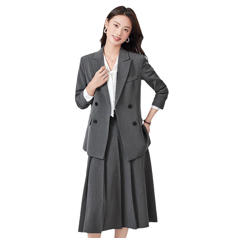 Women's Gray Professional Blazer & Skirt Set - Spring/Autumn 2024 High-End Civil Servant Interview Wear