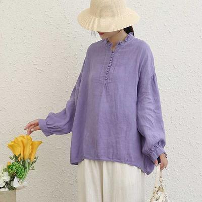 Leinen Einfarbig Frauen Blusen Herbst Vintage Dünne O-ansatz Volle Hülse Taste Weibliche Shirts