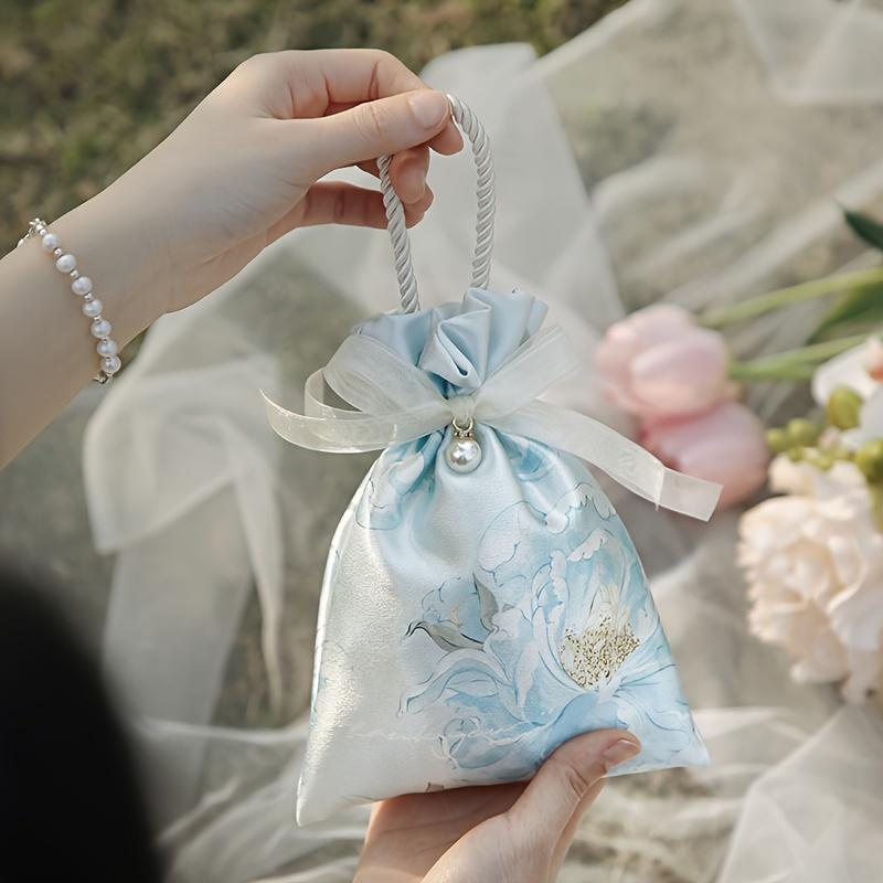 10Pcs Wedding Candy Bags, High-End Wedding Candy Boxes, Portable Candy Bags, Light Luxury Floral Fabric Bags With Pearls And Ribbons синий