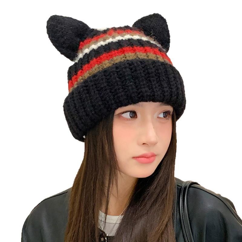 FallSeason and ColdSeason Hats for Women Cute Cat Ear Knitted Hat Ear Protection and Warm Wool Hat Styleable and Versatile Head Hat