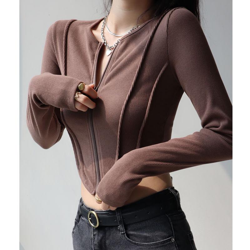 Sexy Zipper Elegant T-shirts For Women High Waist Tees Workout Cycling Sports Tops Girls Casual T-shirts