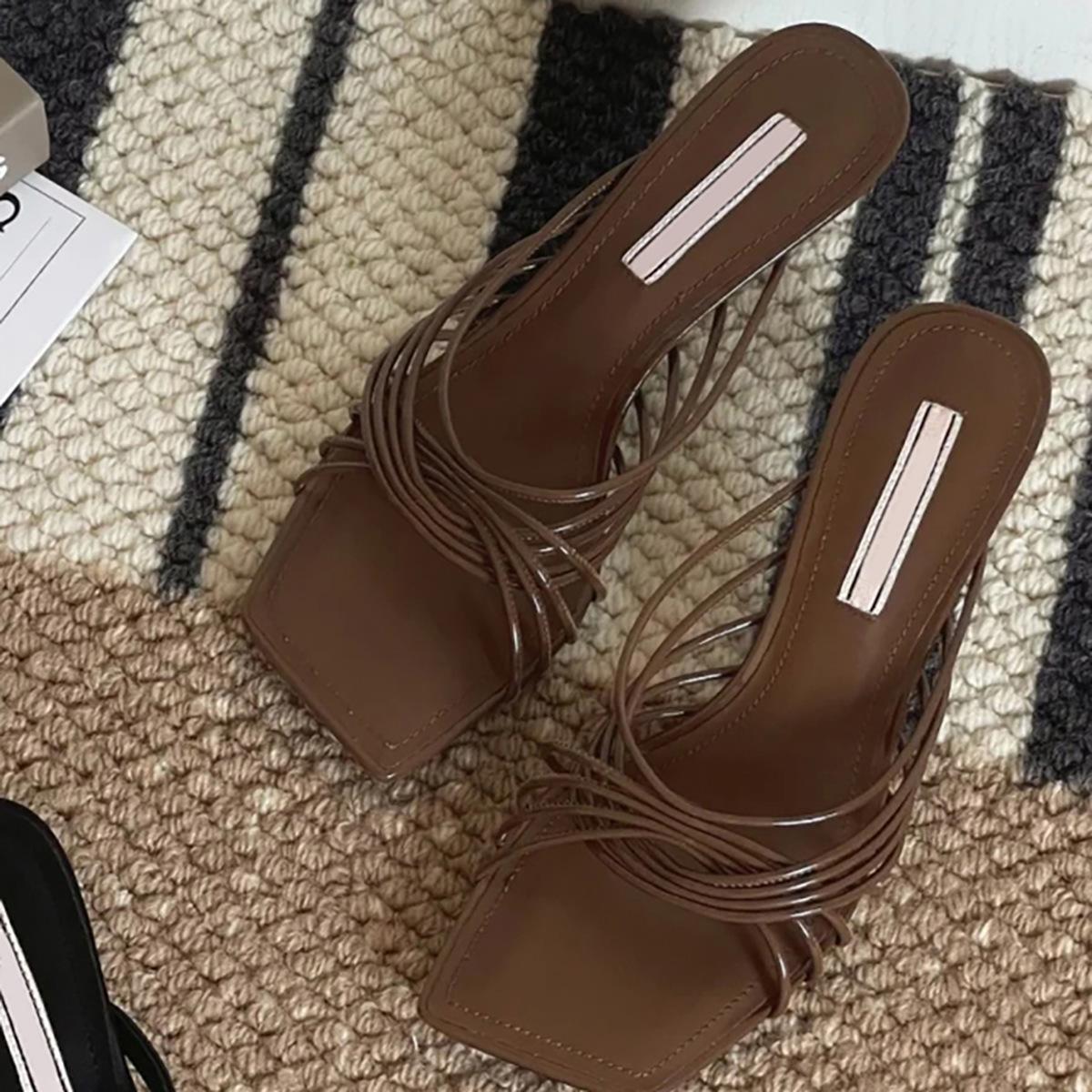 

Soft Leather Version~ French Square Head Crossed Strap High Heel Cool Slippers Femininity Slip Heel Open Toe Roman Sandals Outer Wear 42