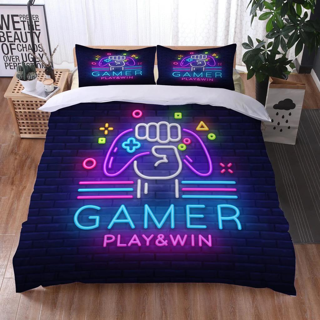 Gaming Gamepad Videospiel Neon Bequem Bettdecke Bettbezug Kissenbezug Bettwäscheset Kinder Schlafzimmer Dekoration Heimtextil