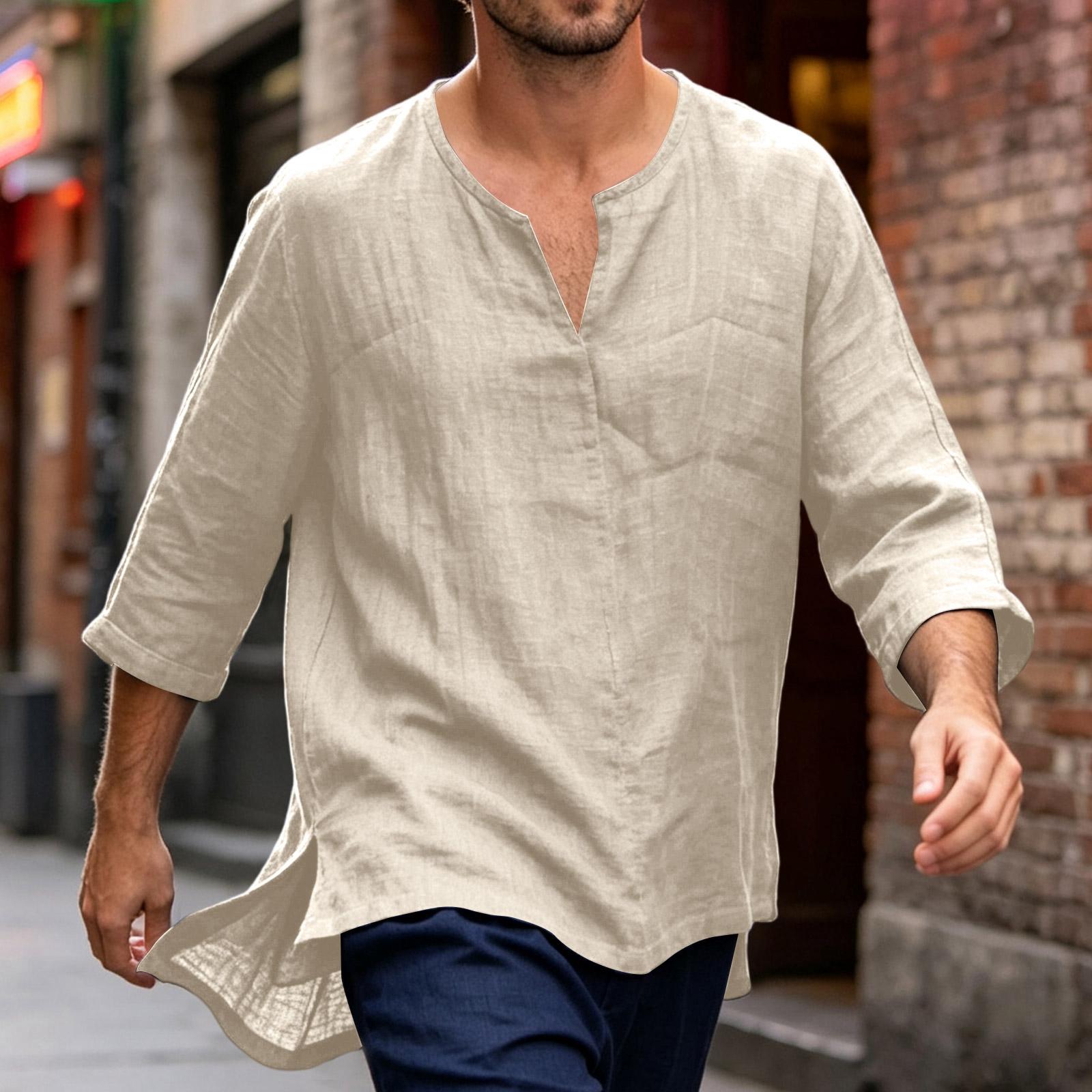 Men s Cotton Linen Casual Loose Fit Seven Quarter Sleeve Shirt V Neck Lightweight Breathable Comfortable Top XXL хаки