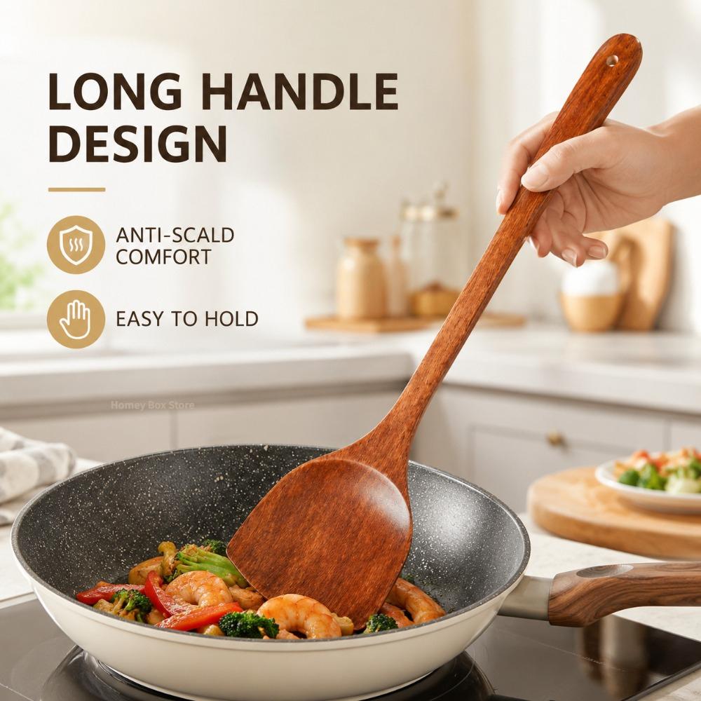Long Handle Wooden Spatula Spatule Cuisine Antiadhésive Spatule de Cuisson en Bois 1/3/5Pcs Utensile Pour Poêle Ménage Cuisine