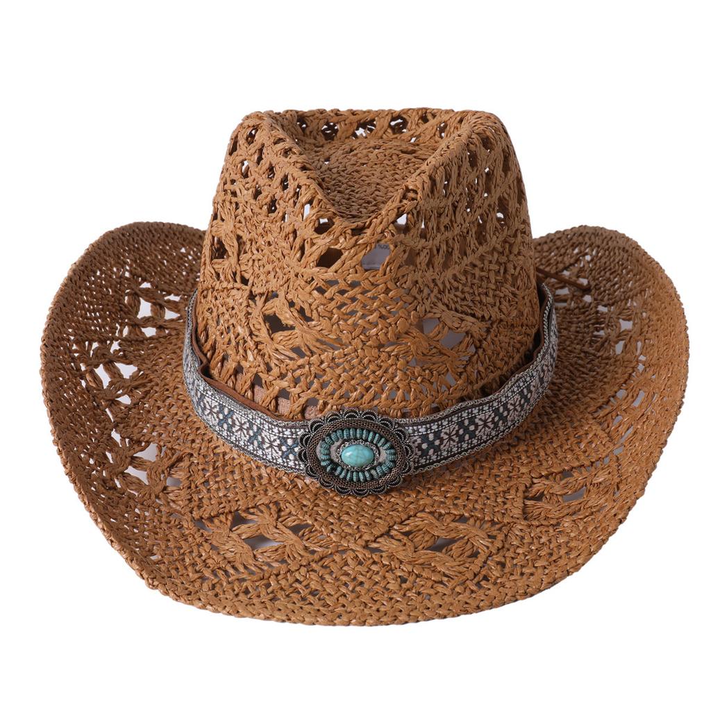 Ethnic Style Cowgirl Hats with Wide Band Women Men Woven Western Caps Breathable Hollow Out Wide Brim Straw Sun Hats