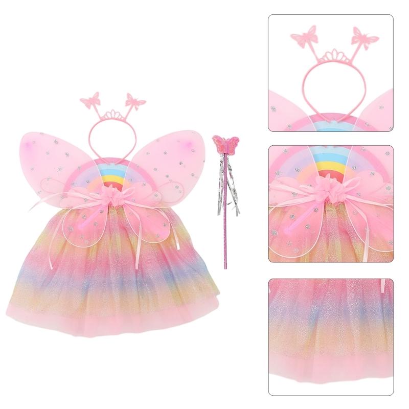 Girl Princess Fairy Costumes Includes Fairy Skirt Wing Fairy Wand Headband for Birthday Party Costume Girl Fairy Costume